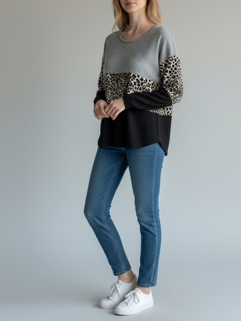 No Boundaries Gray Leopard Colorblock Long Sleeve Top Womens L Boho Retro 90s
